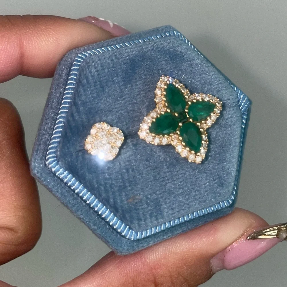 14K yellow gold Clover open ring .4ct diamond 1.4ct emerald